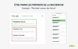 Illustration des résultats Google pour la recherche « plombier autour de Voiron », montrant une entreprise locale positionnée en premier